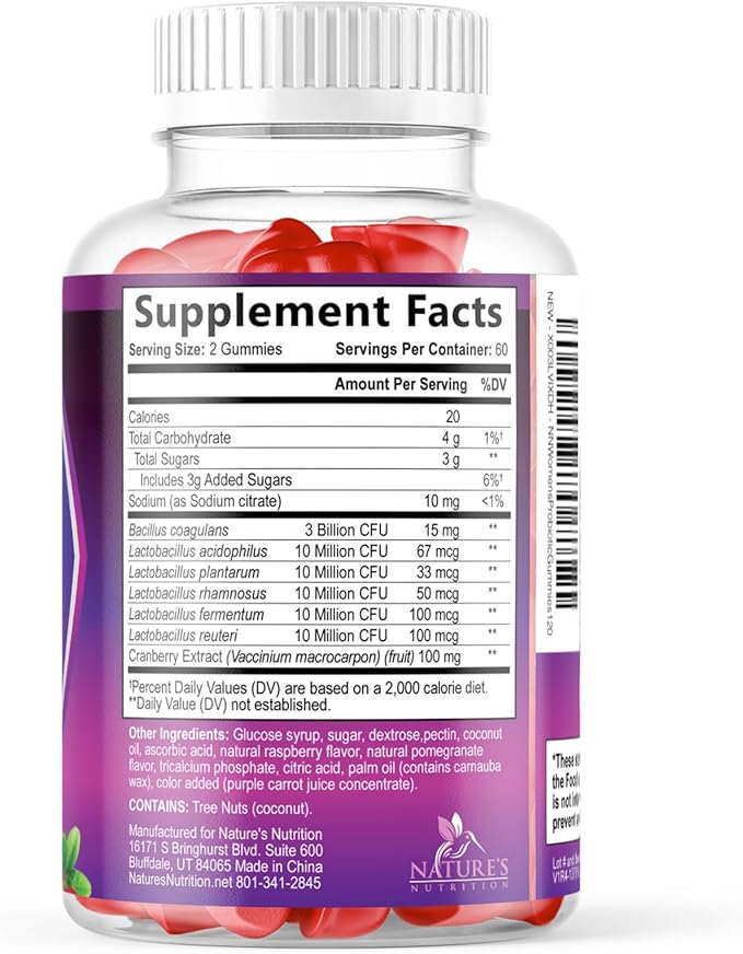 Nature's Nutrition Probiotics for Women Gummies with Cranberry - 6 Premium Strains for PH Balance Digestive Health Vaginal &amp Immune Support Women's Probiotic Gummy for Feminine Health - 120 Gum