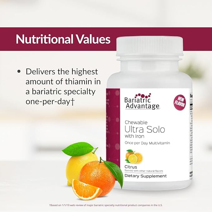 Bariatric Advantage Chewable Ultra Solo with Iron - Once-Per-Day Daily Multivitamin - for Bariatric Patients - with Thiamin Vitamin A &amp More - Gluten Free - Citrus - 30 Tablets