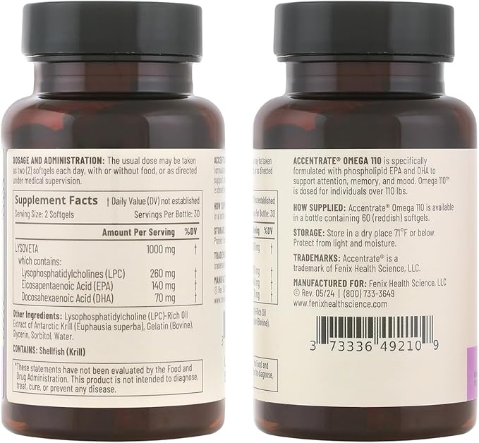 Omega 110 w/LYSOVETA LPC | EPA &amp DHA Supplements for Brain &amp Retina Health | Focus Attention Memory Mood &amp Vision | 6X Higher Absorption Than Fish Oil | High Potency Omega-3 LPC-DHA