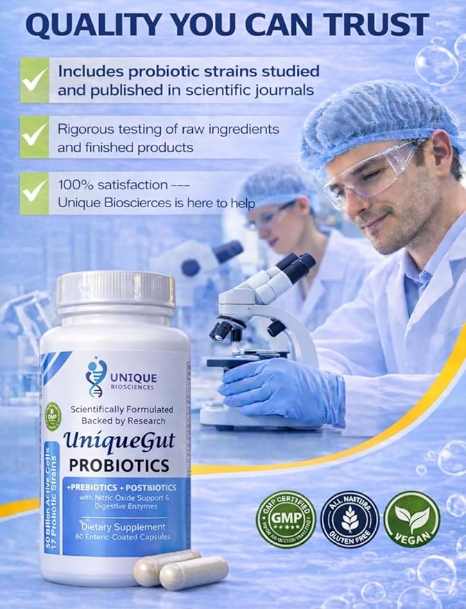UniqueGut™ Probiotics – 17-Strain Advanced Formula with Prebiotics Postbiotics Digestive Support &amp CoQ-10