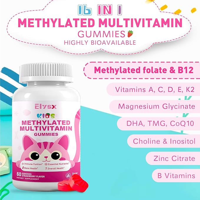 Kids Methylated Multivitamin &amp L-Lysine Chewable Gummies Immune &amp Brain Support Lip &amp Oral Health