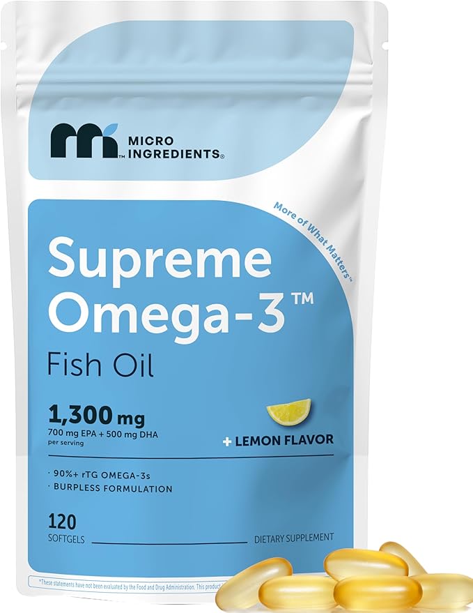 Micro Ingredients Supreme Omega-3 Fish Oil w/Ultra High EPA &amp DHA Burpless Softgels | rTG Omega-3 with Vitamin D3 | Wild-Caught Cold Deep-Sea Water | Lemon Flavor Easy to Swallow 120ct