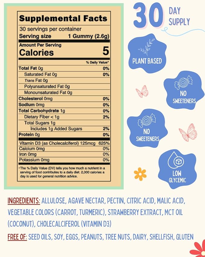 Vitamin D3 Gummies for Adults 5000 IU - Clean Ingredient Plant-Based Formula Strawberry Flavor Parent Formulated Vegan Dye-Free Made in USA 30 Count