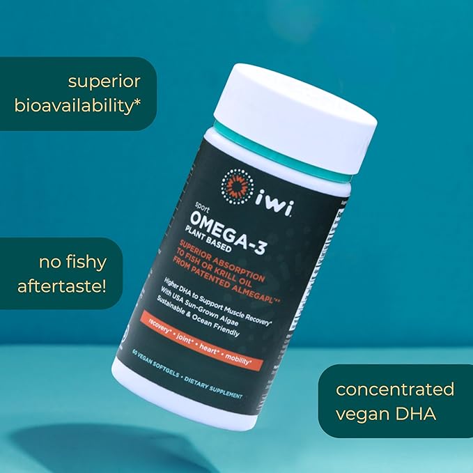 Iwi Omega-3 Sport 60 Softgels (30 Servings) Plant-Based Vegan Algae Omega 3 with DHA Exercise Recovery Support Dietary Supplement Krill &amp Fish Oil Alternative No Fishy Aftertaste