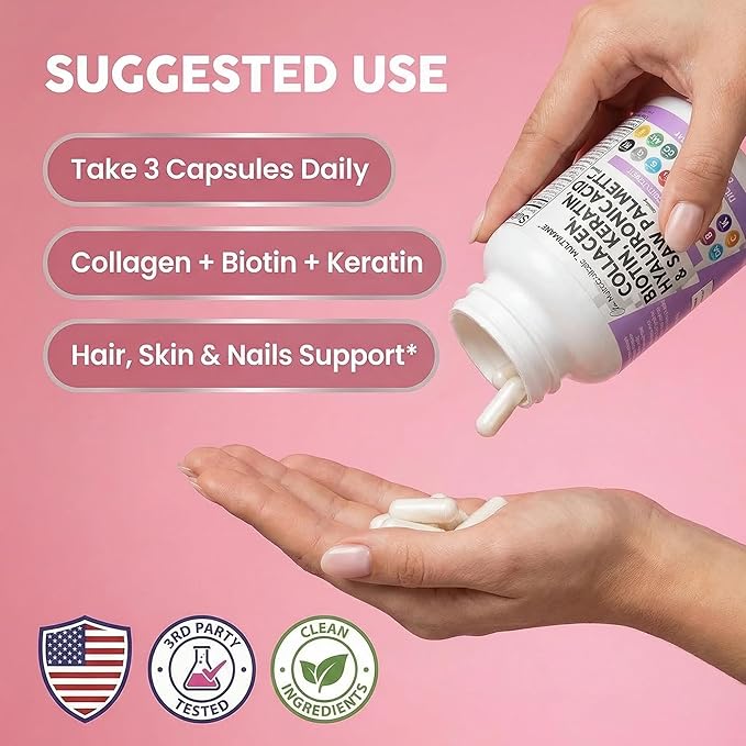Clean Nutraceuticals Collagen Pills 1000mg Biotin 10000mcg Keratin Saw Palmetto Hyaluronic Acid - Hair Skin &amp Nails Vitamins &amp DHT Blocker with Vitamin E Folic Acid Pumpkin Seed MSM - 90 Count