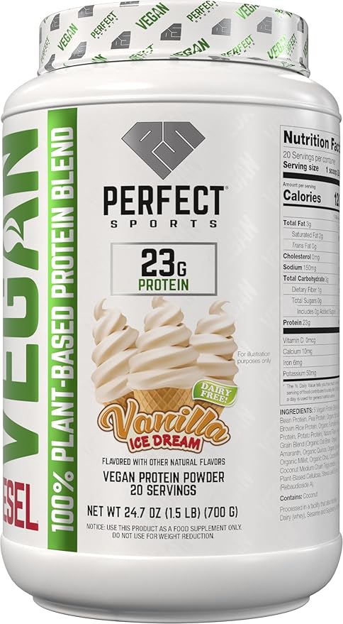 PERFECT SPORTS Vegan Diesel 100% Plant Based Protein | Whole Food Blend | No Artificial Sweeteners Lactose Free Keto | 23g Protein | 1.5 Pounds (Vanilla Ice Dream)