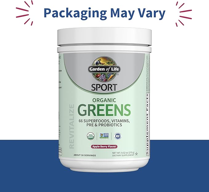 Garden of Life Sport Nutrition Greens and Superfoods Powder for Women and Men - Apple Berry Organic Blend - Spirulina Fruit Vitamins Pre &amp Probiotics Mushrooms Athletic Supplements 30 Servi