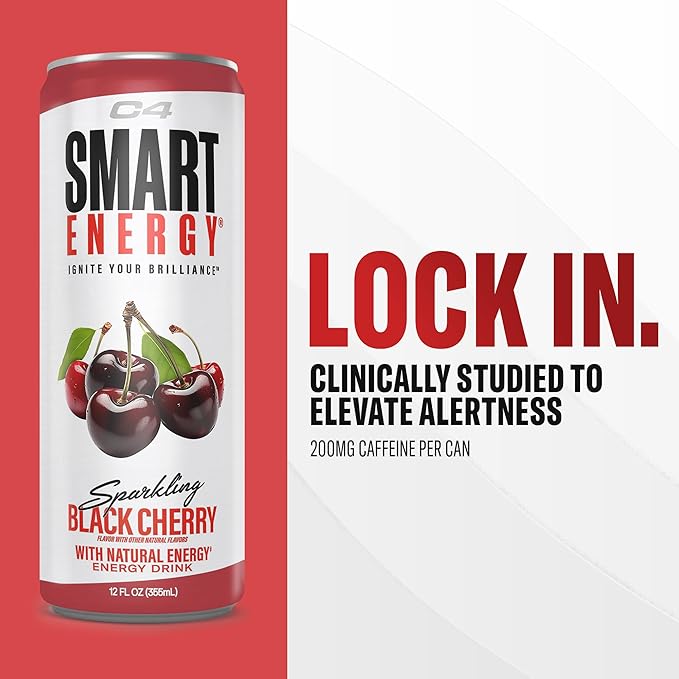 C4 Smart Energy Drink – Boost Focus and Energy with Zero Sugar Natural Energy and Nootropics - 200mg Caffeine - Black Cherry (12oz Pack of 12)