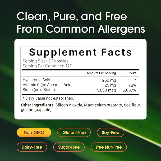 NatureBell Hyaluronic Acid 250mg - 240 Capsules - 250mg Hyaluronic Acid 5000mcg Biotin &amp 25 mg Vitamin C - Supports Skin Hair Bone Eye &amp Joint Health*