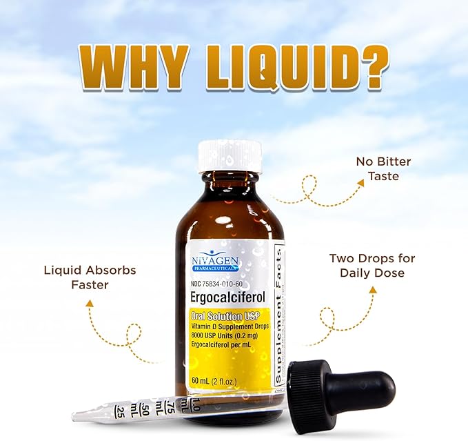 Nivagen Vitamin D2 Liquid Drops 8000 USP (Ergocalciferol) | 400 IU per Serving | 2 Drops Once Daily | 1200 Servings 60ml (2 fl. oz) | Faster Absorption | Bone Muscle &amp Immune Support | Made in