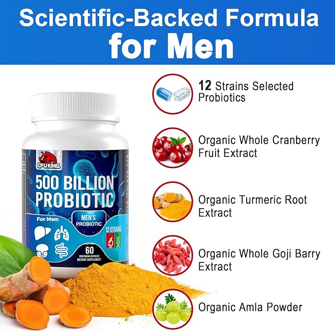 Probiotics for Men 500 Billion CFU &amp 12 Mens Probiotic for Digestive Health + 4 Organic Prebiotic Fiber for Digestive Gut Immune Health Bloating Gas Energy Support Shelf Stable - 120 Capsu