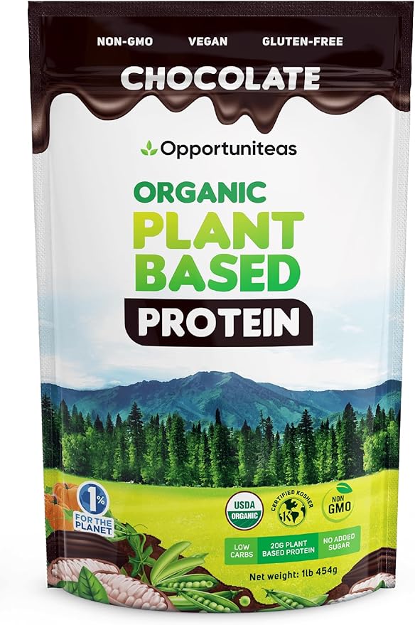 Opportuniteas Organic Plant Based Protein Powder 20g Vegan Protein from Pea Pumpkin and Rice No Sugar Non-GMO Gluten-Free Creamy Chocolate 1 lb