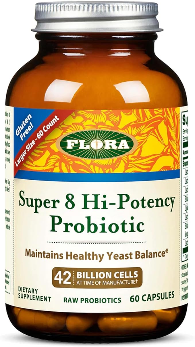 Flora - Super 8 Hi-Potency Probiotic - Daily Probiotic for Gut &amp Digestive Health - 42 Billion CFU - Contains Lactobacillus &amp Bifidobacterium Strains - Keep Chilled - 60 Capsules