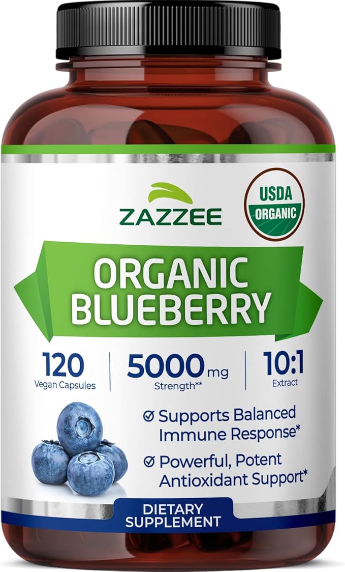 Zazzee USDA Organic Blueberry 10:1 Extract 120 Vegan Capsules 4 Month Supply Whole Fruit Vaccinium Angustifolium Antioxidant &amp Cellular Health Support Herbal Supplement Non-GMO Made in the