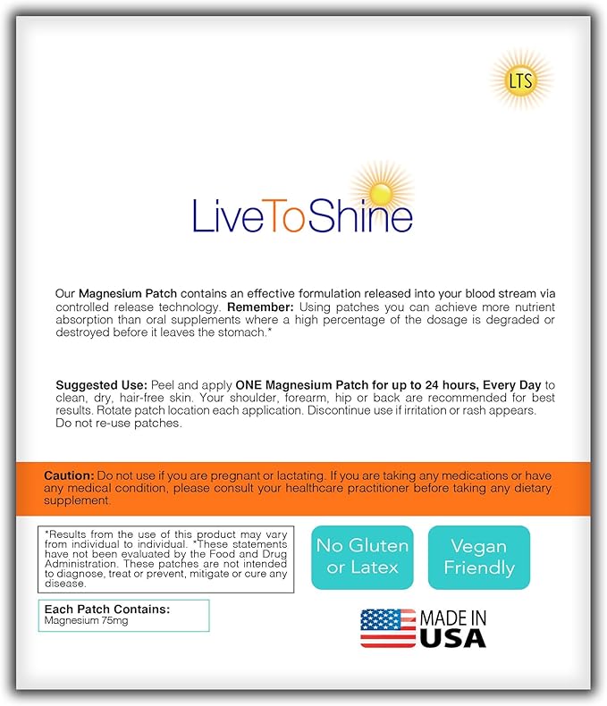 Magnesium Patches for Men and Women - Sleep Support &amp Relaxation Muscle Recovery Nerve Function - USA Made - 30 Premium Fast-Acting Slow-Release Patches - Live To Shine