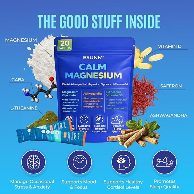 ESUNM Calm Magnesium Drink Mix Packets Magnesium Glycinate with KSM-66 Ashwagandha L-Theanine GABA Saffron &amp Vitamin D3 Relaxation Mood &amp Sleep Support Raspberry Lemonade 20 Stick Pack