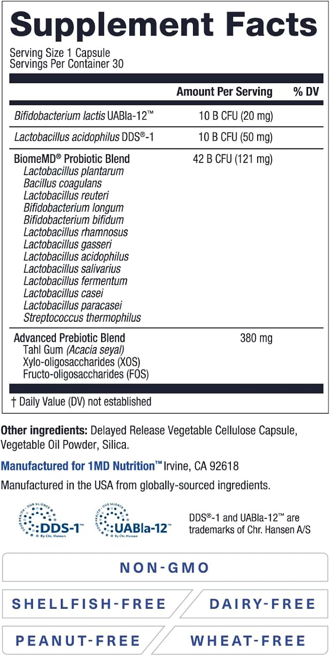 1MD Nutrition BiomeMD Probiotics | 62 Billion CFUs 15 Comprehensive Strains - Pro &amp Prebiotics | Doctor-Formulated for Digestive Health &amp Immune Support | 60 Capsules