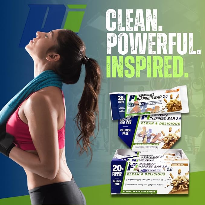 Performance Inspired Nutrition - Protein Bar 2.0 – Contains - 20G Protein - 6G Fiber - 4g MCTs - 1 Billion CFU Probiotics – 1G Prebiotics - G Free – BIG 70g Bar - Peanut Butter - 12Ct. Box