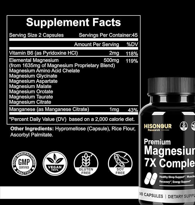 Magnesium Glycinate Complex Supplement - 7 Type Magnesium Complex with Vitamin B6 Magnesio Glycinate Citrate Malate &amp More - High Absorption Vegan Non-GMO - 90 Capsules