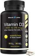 Vitamin D3 K2 3000 IU - with Vitamin K as MK-7 from Natto - High Potency Vitamin D Supplement Support Healthy Bones Teeth Heart &amp Immune Function Gluten-Free - 90 Capsules