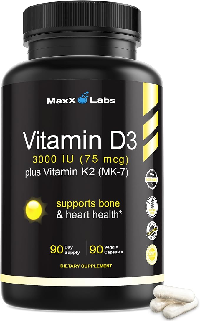 Vitamin D3 K2 3000 IU - with Vitamin K as MK-7 from Natto - High Potency Vitamin D Supplement Support Healthy Bones Teeth Heart &amp Immune Function Gluten-Free - 90 Capsules