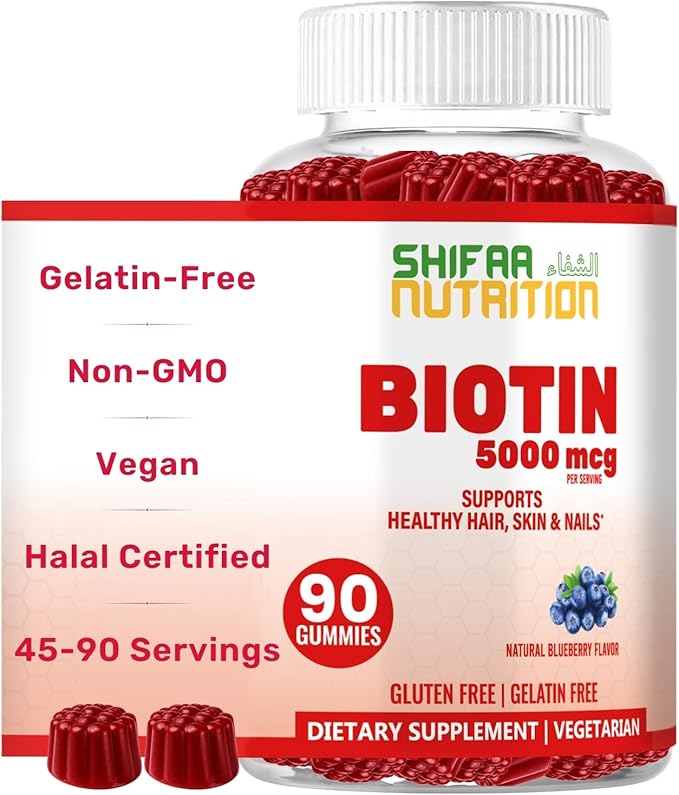 SHIFAA NUTRITION Vegan Biotin Gummies for Adult &amp Kids | 90 Gummies | 5000 mcg 45 Servings | Non-GMO | Gluten Gelatin Peanuts Egg &amp Dairy Free | Biotin Gummy Vitamins for Hair Skin &amp N