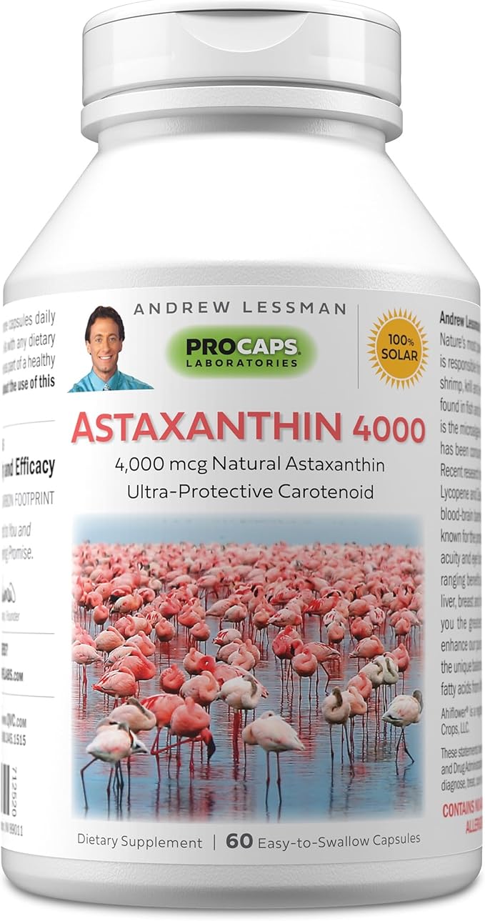 ANDREW LESSMAN Astaxanthin 60 Softgels - 4000 mcg Natural Astaxanthin Powerful Anti-Oxidant Carotenoid. Protection for Eyes Heart Skin and More. No Additives. Easy to Swallow Softgels
