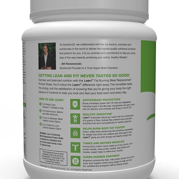 Nutrition 53 Lean 1 Fat Burning Protein Shake Vanilla Flavor 15 Serving Tub