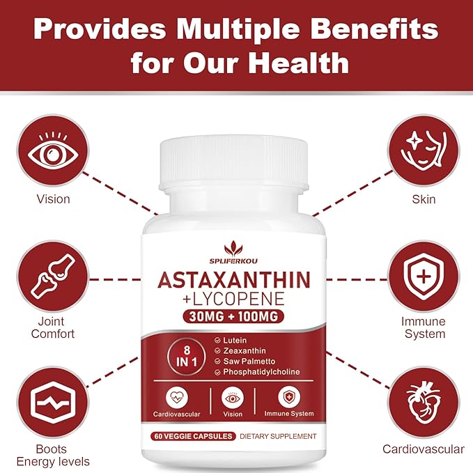 Astaxanthin and Lycopene 70mgAstaxanthin Supplement with Phosphatidylcholine Lutein and Zeaxanthin Powerful Antioxidants Supplement (180 Capsules)