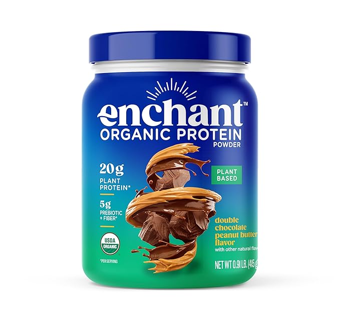 Enchant Organic Protein Powder Chocolate Peanut Butter flavor – 20g Plant Protein sourced from North American Farms 5g Prebiotic + fiber USDA Organic Non-GMO Plant-based Non-Dairy Vegan 0.91 l