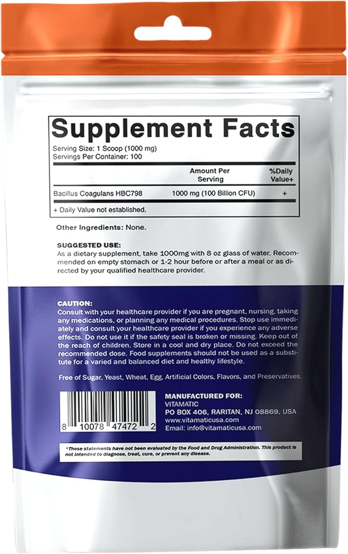 Vitamatic Bacillus Coagulans Probiotic Powder - Digestive Health Support - 100 Gram (3.5 OZ) - 100 Servings