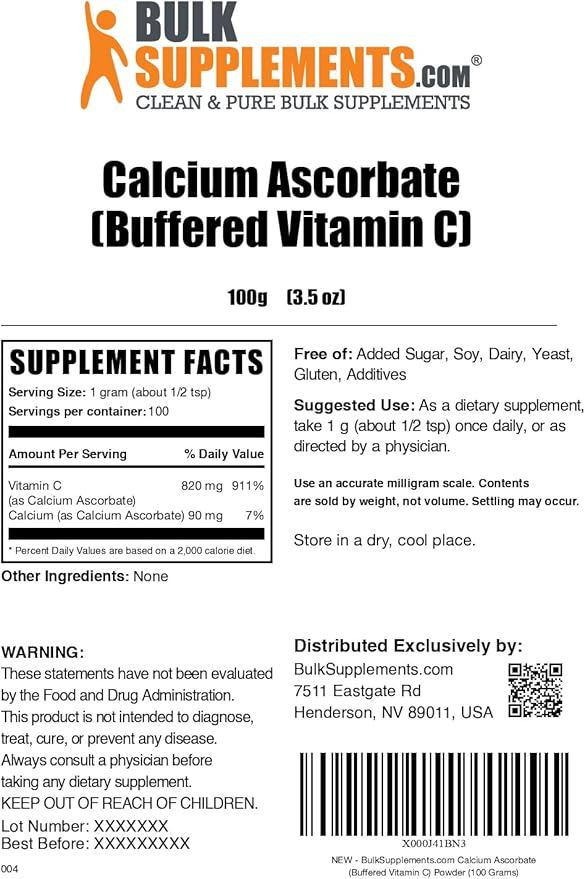 BulkSupplements.com Calcium Ascorbate Powder - Buffered Vitamin C Calcium Supplement Powder Vitamin C Supplement - Gluten Free 1000mg per Serving 100 Servings 100g (3.5 oz) (Pack of 2)