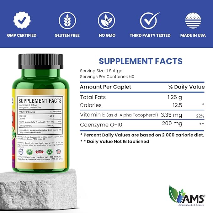 America Medic &amp Science Q-Well-10 (60 Count) | CoQ10 200mg Softgels | Nutritional Supplement with Coenzyme Q10 and Vitamin E | High Absorption Antioxidant for Enhanced Wellness and Heart Health