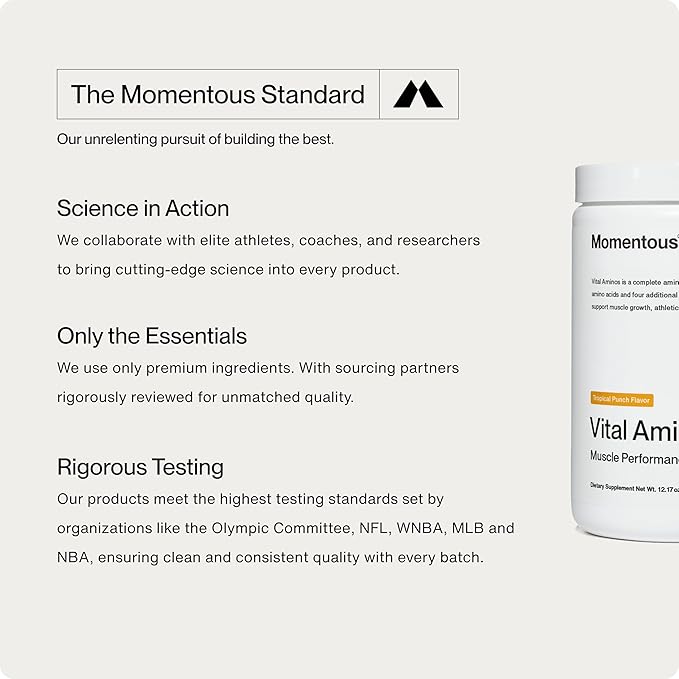 Momentous Vital Aminos Powder Supplement - BCAA &amp EAA - Tropical Punch - NSF Certified for Sport - GMO- &amp Gluten-Free - 30 Servings - Package May Vary