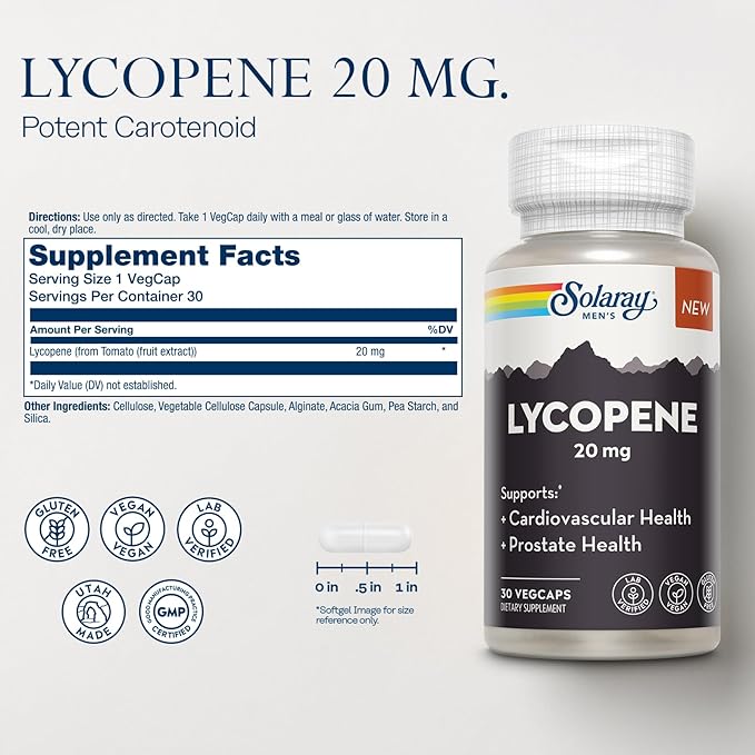 SOLARAY Lycopene 20mg - Heart Health and Prostate Health Support Powerful Antioxidants Supplement Sourced from Tomatoes - Vegan Gluten Free Lab Verified 60 Day Guarantee 30 Servings 30 VegCaps