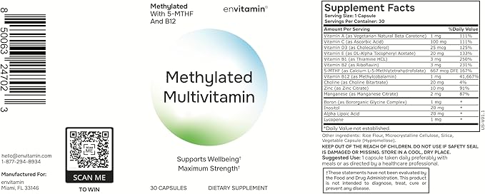 Methylated Multivitamin Multimineral Complex with L Methylfolate Methylated B12 5-MTHF Inositol and Lycopene