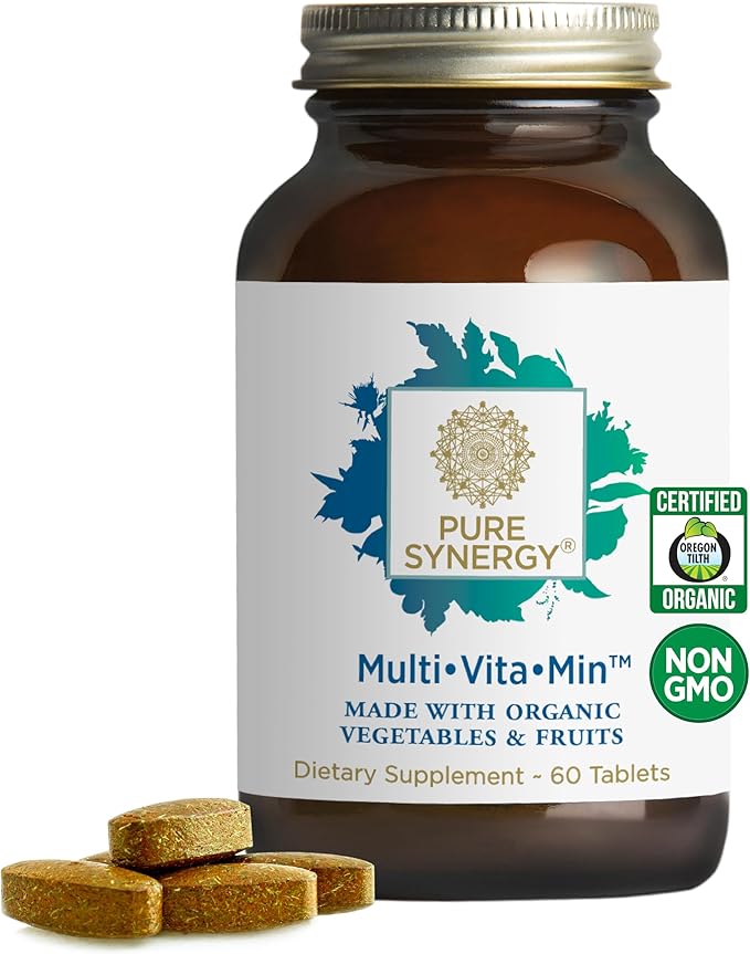 PURE SYNERGY Multi·Vita·Min | Vegan Multivitamin Made with Organic Whole Foods | Twice Daily Supplement for Men and Women | Core Nutrients for Energy Mood Immune and Bone Health (60 Tablets)