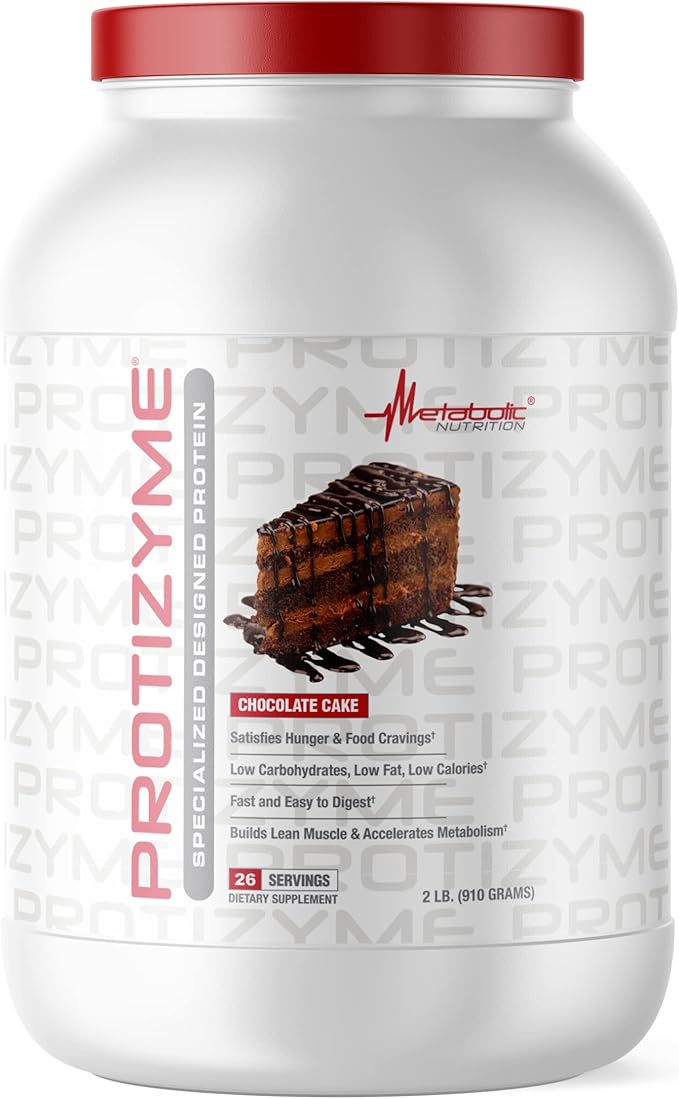 Metabolic Nutrition | Protizyme | 100% Whey Protein Powder | High Protein Low Carb Low Fat with Digestive Enzymes 24 Essential Vitamins and Minerals | Chocolate Cake 2 Pound