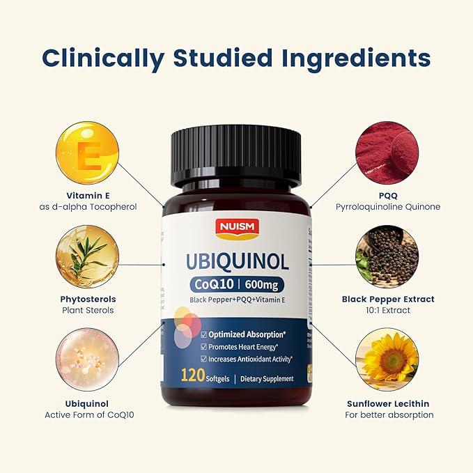 CoQ10 600mg SoftgelsUbiquinol Q10 Coenzyme SupplementCoq 10 600mg Vitamins Maximum AbsorptionAntioxidant Support for Heart Health &amp Energy