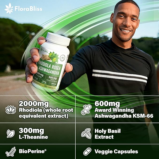 FloraBliss Rhodiola Rosea with Ashwagandha KSM-66 L-Theanine Holy Basil &amp BioPerine - 90 High Potency Vegan Capsules - 45-Day Supply - No Artificial Additives