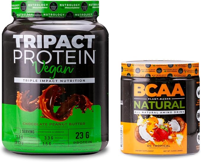 Nutrology TRIPACT Vegan Protein Powder for Vegan Protein Shakes Chocolate Peanut Butter (20 Servings) BCAA Natural Plant Based BCAA Powder Orange Coconut Flavor (30 Servings)