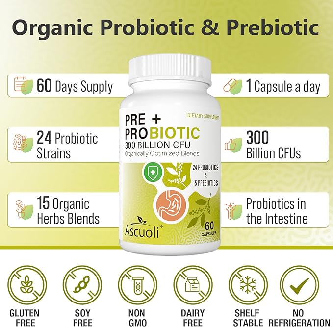 Probiotics for Women &amp Men - 300 Billion CFU 24 Strains + 15 Organic Herbs Prebiotics Blend Daily Probiotic for Digestive Health Immune Gut Bloating - 120 Vegetarian Capsule (120-Days Supply)