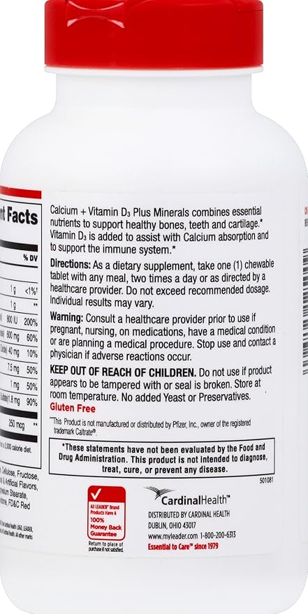 Leader Calcium Vitamin D3 Plus Minerals Bone Health Supplement with Magnesium &amp Zinc Supports Strong Bones &amp Teeth Enhanced Absorption Cherry Orange &amp Fruit Punch Flavor 60 Chewable