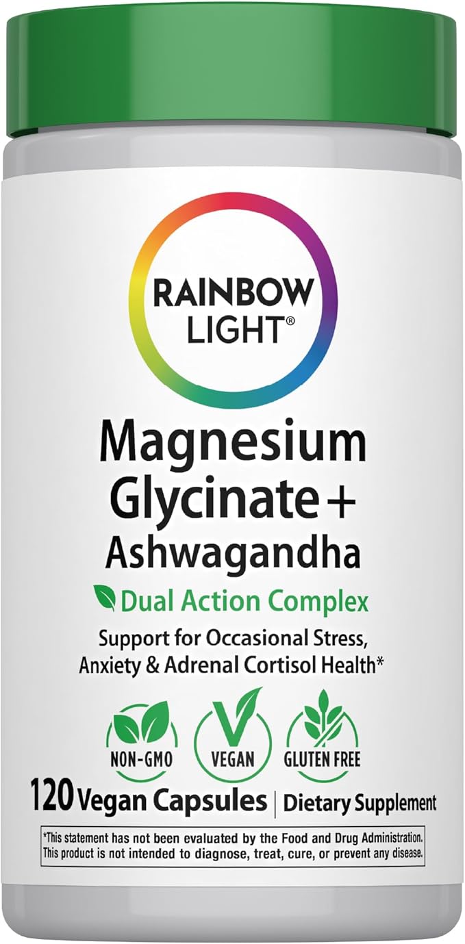 Rainbow Light Magnesium Glycinate + Ashwagandha | 120 Capsules | Dual Action Complex | Vegan Non-GMO and Gluten Free
