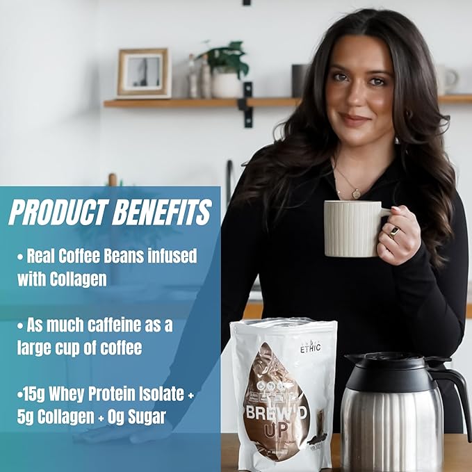 Sweat Ethic Brew’D UP Collagen Protein Coffee Whey Isolate &amp Collagen Peptides Natural Caffeine Low Lactose No Added Sugar Easy-Mix Protein Iced Coffee Flavor 15 Servings
