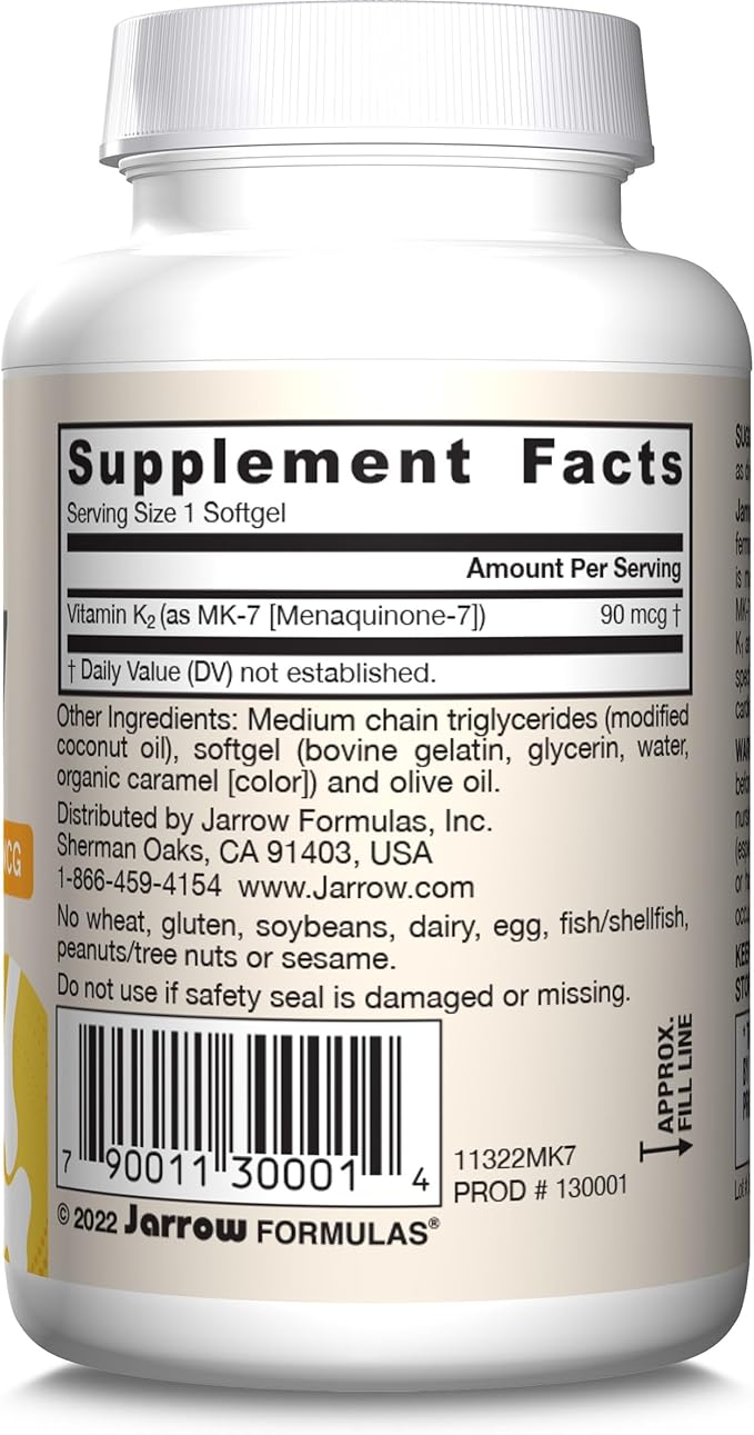 Jarrow Formulas MK-7 90mcg-Bioactive Form of VIT K2-60 Servings(Softgels)-for Bone &amp CV Health-VIT K2 MK-7 Dietary Supp-K2 VIT Supp MK-7-Gluten Free12 Pack
