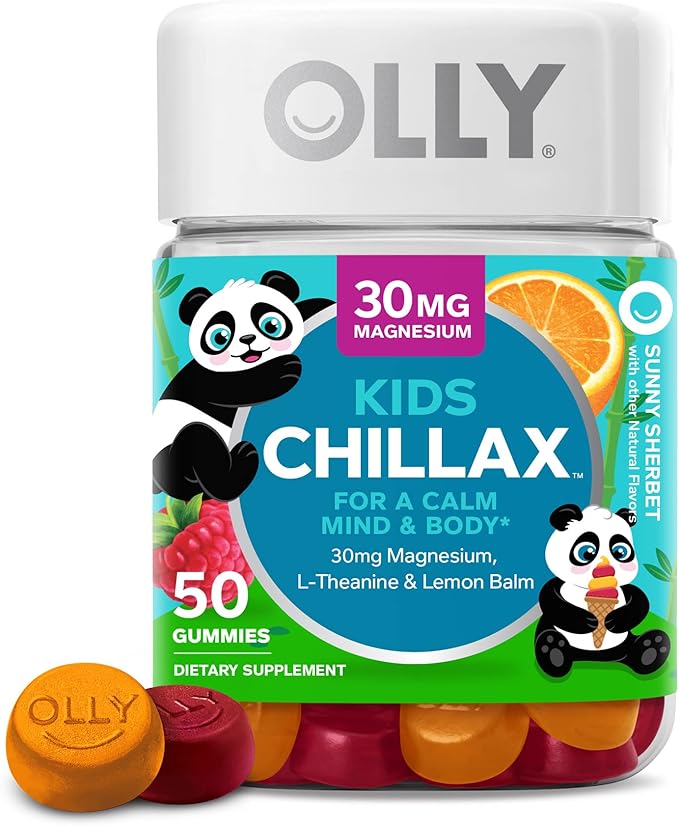 SmartyPants Kids Multivitamin Gummies Sugar Free: Omega 3 (ALA) &amp OLLY Kids Chillax Magnesium Gummies Plus L-Theanine Lemon Balm Calm Chews for Kids 4+ Sherbet Flavor - 50 Count (Pack of 1)