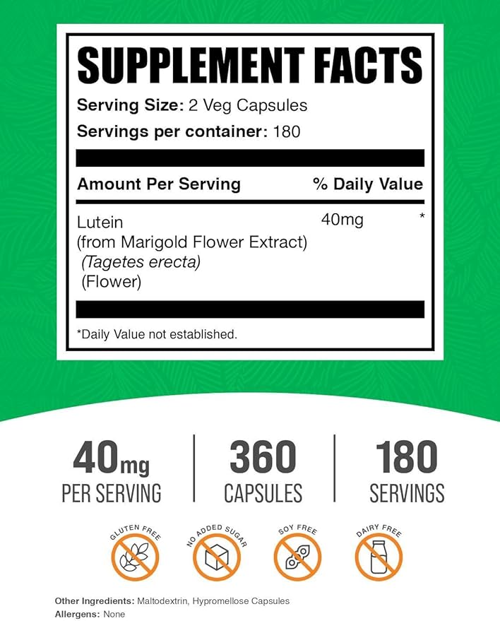 BulkSupplements.com Lutein Capsules - Eye Vitamins Antioxidant Source - Gluten Free 2 Capsules per Serving 40mg Serving 360 Count (Pack of 1)