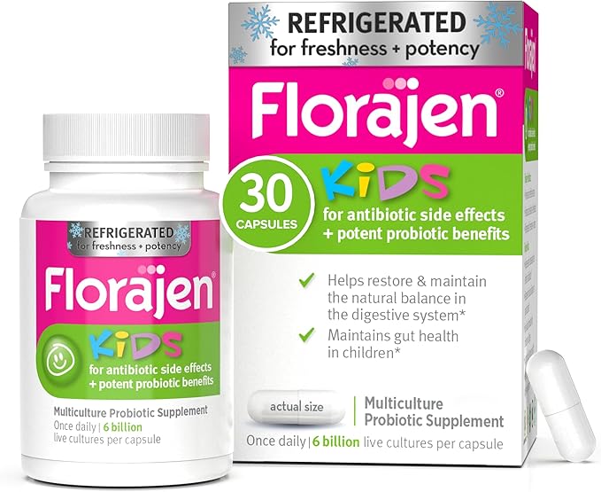 Florajen Kids Probiotic - Daily Gut &amp Immune Support for Children 6+ Months - Constipation Bloating &amp Digestive Relief - Refrigerated for Freshness &amp Potency - 30 Capsules