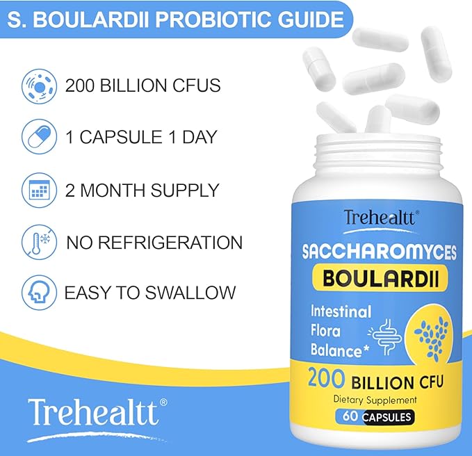 Saccharomyces Boulardii Probiotics 200 Billion CFUs Clinically-Studied Probiotic for Women &amp Men Yeast for Intestinal Gut Immune &amp Digestive Health Acid Resistant &amp Shelf-Stable 60 Da